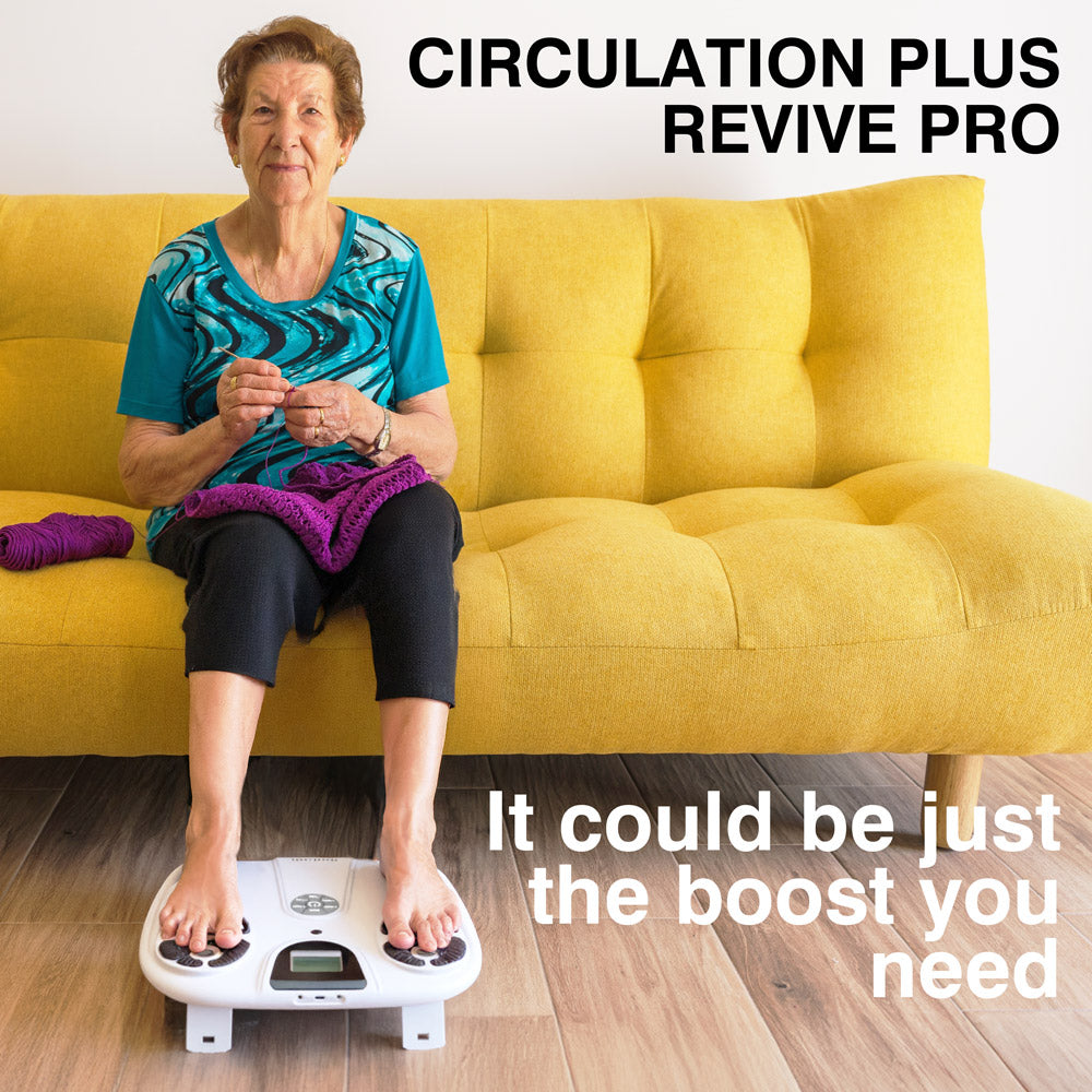 Bodi-Tek CIRCULATION PLUS REVIVE PRO elderly lady sat knitting while using product