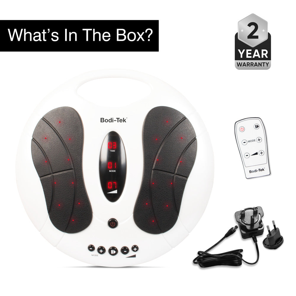 The Circulation Plus Active Lower Leg & Foot Exerciser (2025) features black foot pads, a digital display, and control buttons—perfect for boosting circulation. Includes remote control, power adapter, plug, “What’s In The Box?” text, and a 2-Year Warranty.