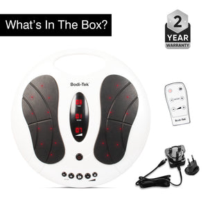 The Circulation Plus Active Lower Leg & Foot Exerciser (2025) features black foot pads, a digital display, and control buttons—perfect for boosting circulation. Includes remote control, power adapter, plug, “What’s In The Box?” text, and a 2-Year Warranty.