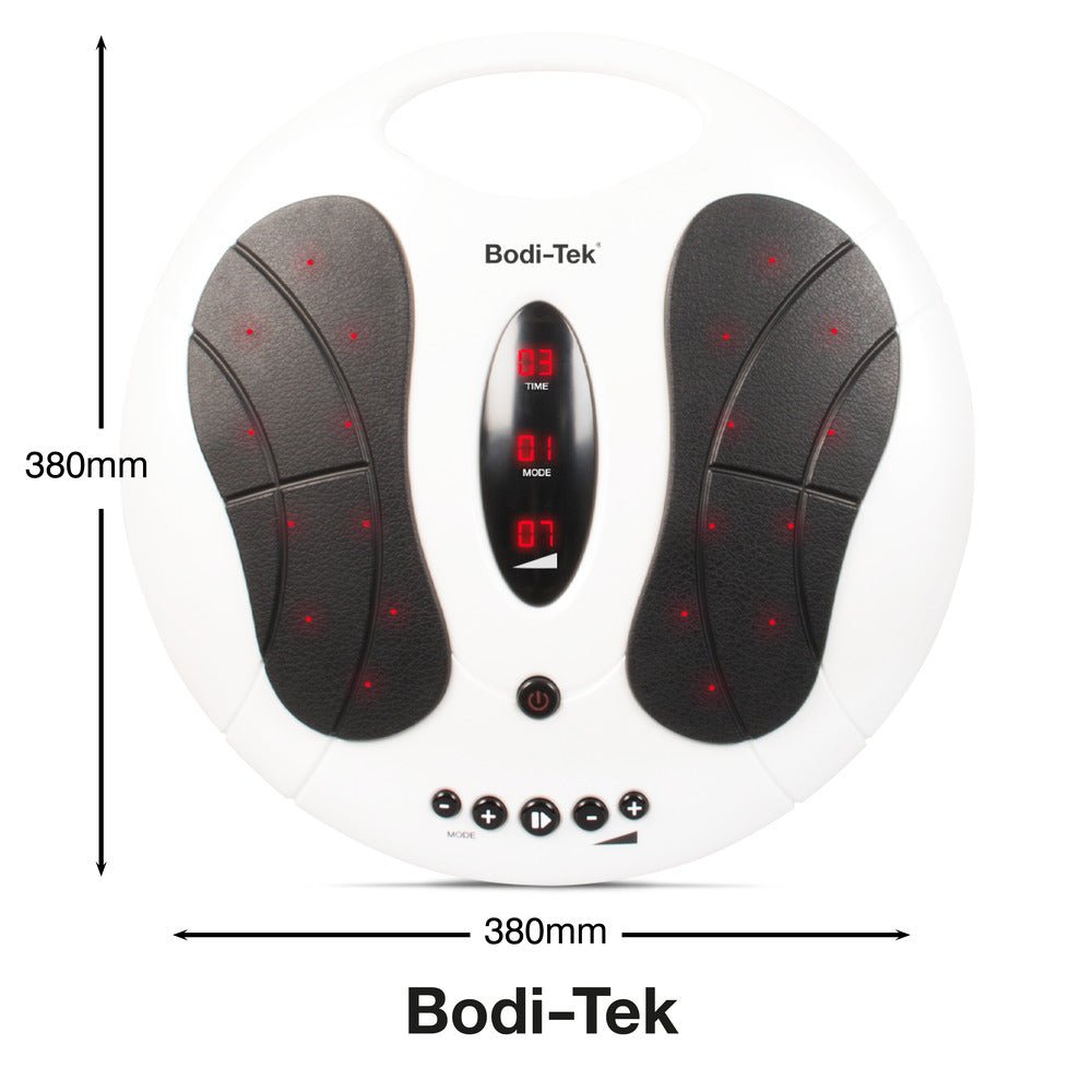 The Circulation Plus Active Lower Leg & Foot Exerciser (2025) is a round white massager with black foot pads, red LED display, control buttons, and 380mm size—an ideal solution for a sedentary lifestyle.