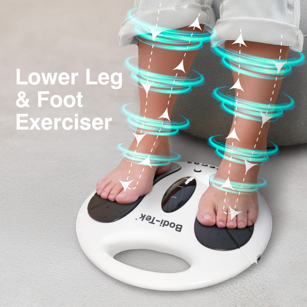 A person uses a white Circulation Plus Active Lower Leg & Foot Exerciser (2025), with glowing blue spirals and arrows showing stimulation around their legs and the product name clearly visible on the device.