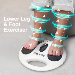 A person uses a white Circulation Plus Active Lower Leg & Foot Exerciser (2025), with glowing blue spirals and arrows showing stimulation around their legs and the product name clearly visible on the device.