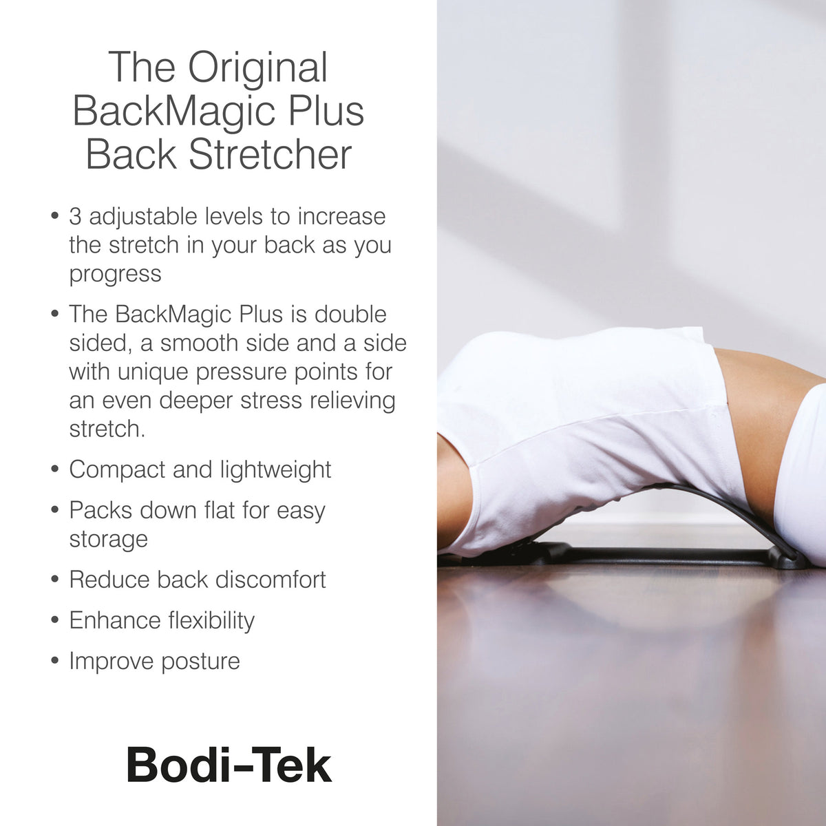 A promotional graphic for the Back Magic Plus back stretcher, detailing its key features, including 3 adjustable levels, double-sided design, and acupressure nodes. The text highlights its compact size, ability to reduce back discomfort, enhance flexibility, and improve posture.