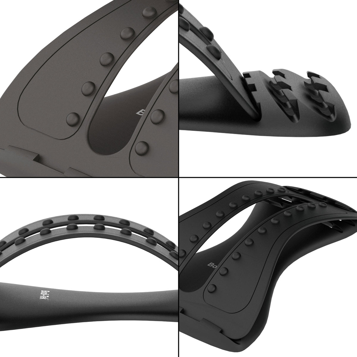 A detailed close-up of the Back Magic back stretcher, showing its structure from different angles, including its adjustable arch and acupressure nodes for relief and posture improvement.