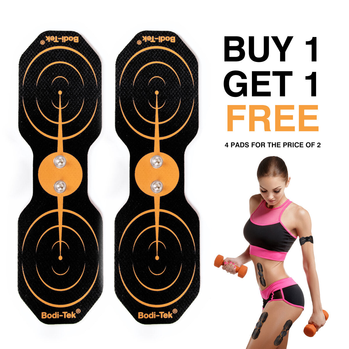 Get two black and orange Arm & Body Conductive Gel Pads - Pack of Two with a Buy 1 Get 1 Free offer. Perfect as replacement pads for your workouts—use them on arms and stomach while exercising or lifting dumbbells.