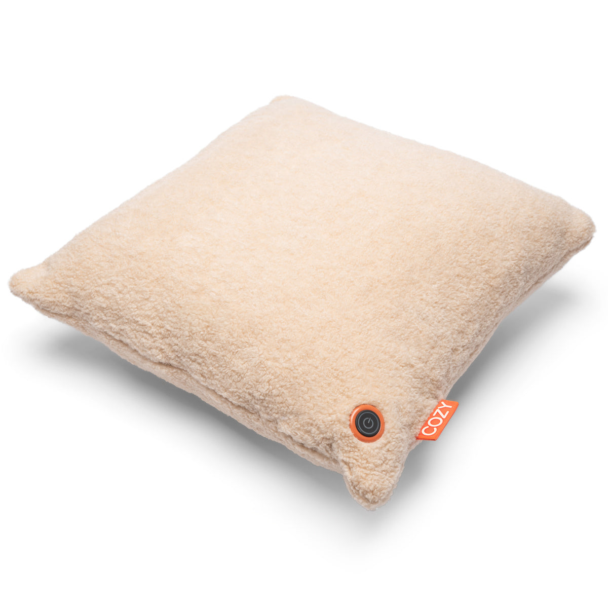 The COZY Heated Cushion Cordless - UNA Woolly (45cm x 45cm) is a square, cream-colored plush cushion with a black button and an orange COZI tag on one corner, ideal for cozy comfort.
