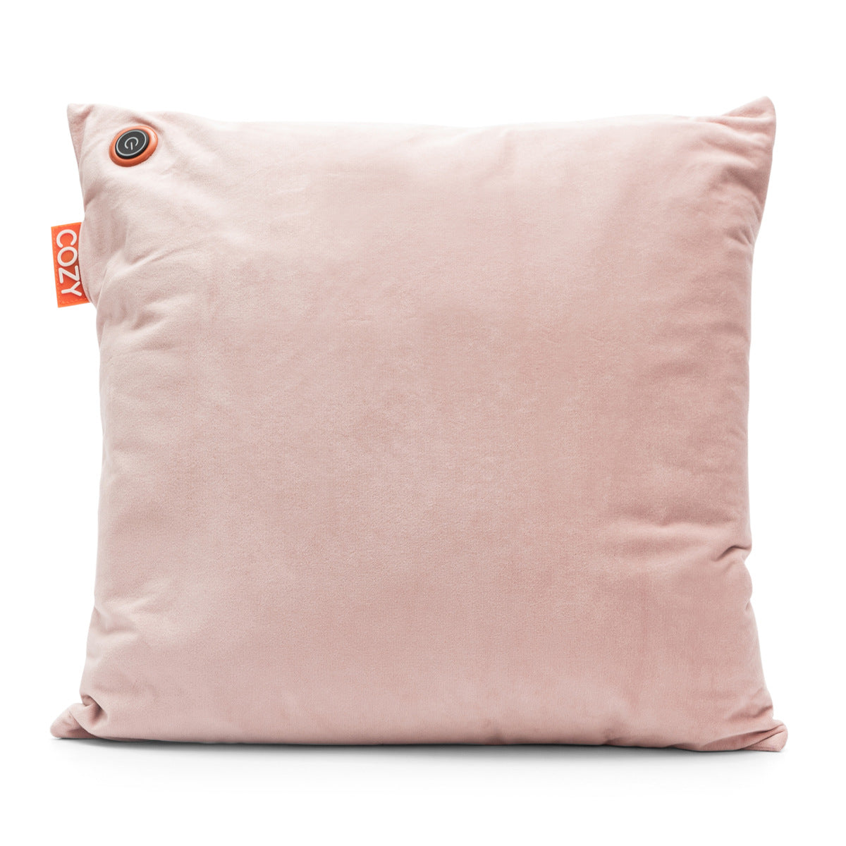 The COZY Heated Cushion Cordless - UNA Velvet (45cm x 45cm) is a soft, square blush pink wireless cushion with a small orange COZY tag on the left edge and a round button on the top left corner, set against a white background.