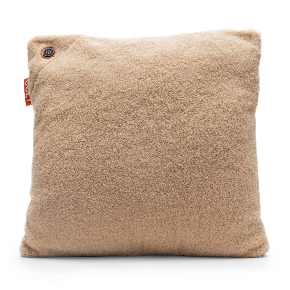 The COZY Heated Cushion Cordless - UNA Woolly (45cm x 45cm) is a soft, square beige cushion with a fluffy texture, featuring a small button and red tag on the top left corner, set against a white background.