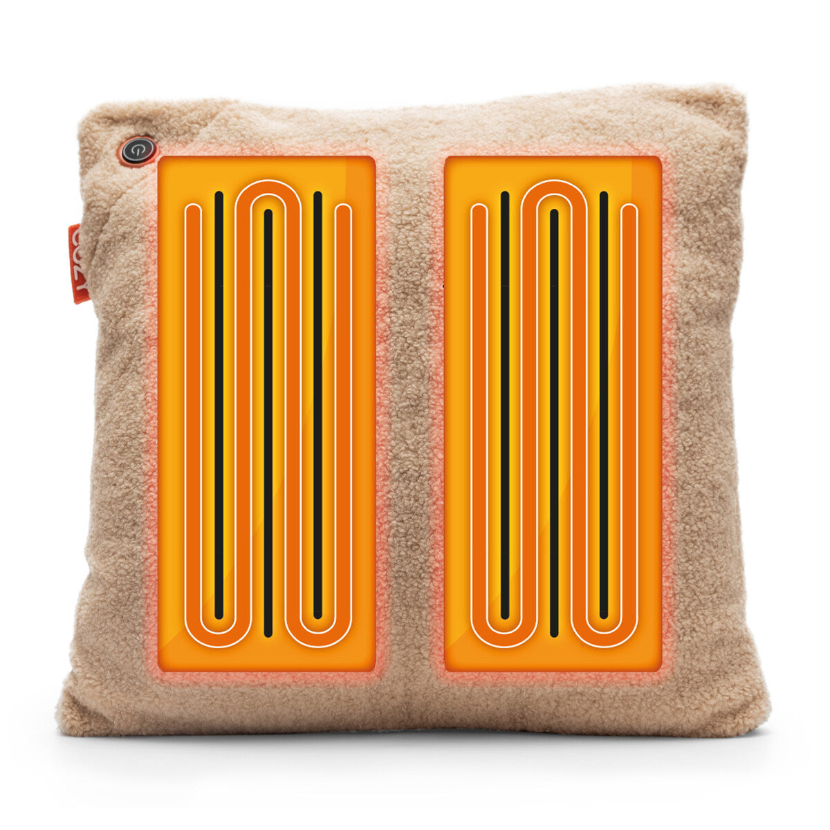 The COZY Heated Cushion Cordless - UNA Woolly (45cm x 45cm) is a soft square beige cushion featuring two orange rectangular heating elements with visible coil lines and a small power button in the upper left corner.