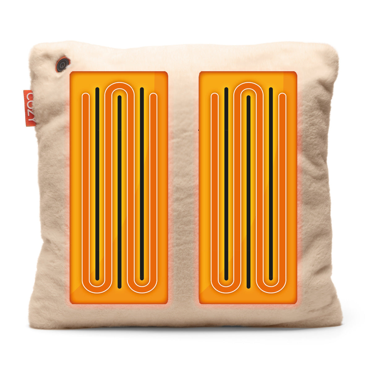 The COZY Heated Cushion Cordless - UNA Knitted (45cm x 45cm) is a beige square heated cushion with two visible orange heating elements, black and yellow outlines for a stylish look, and a small red tag on one side.