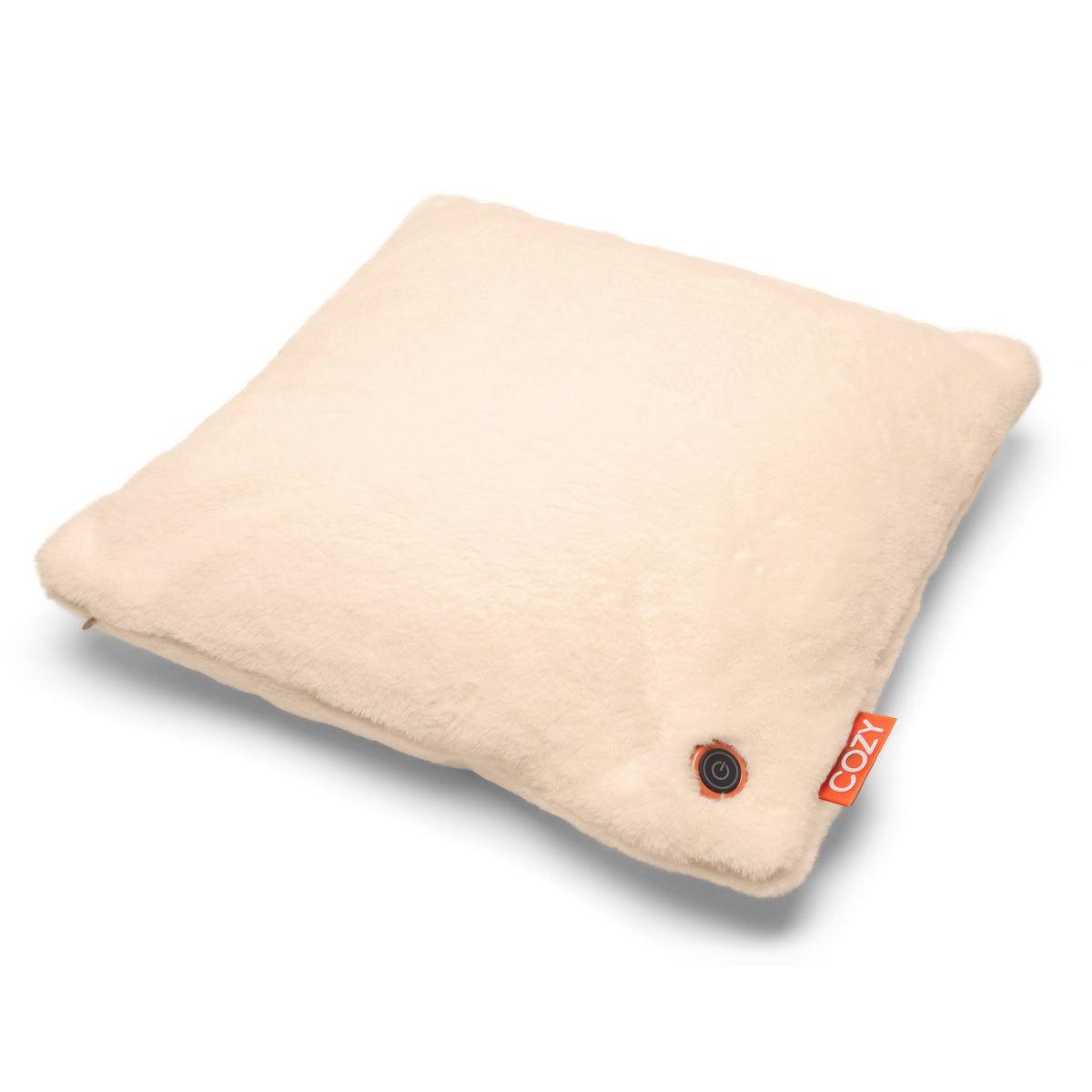 A soft, square, cream-colored COZY Heated Cushion Cordless - UNA Faux Fur (45cm x 45cm) with a red COZI tag and circular button in one corner, shown on a white surface.