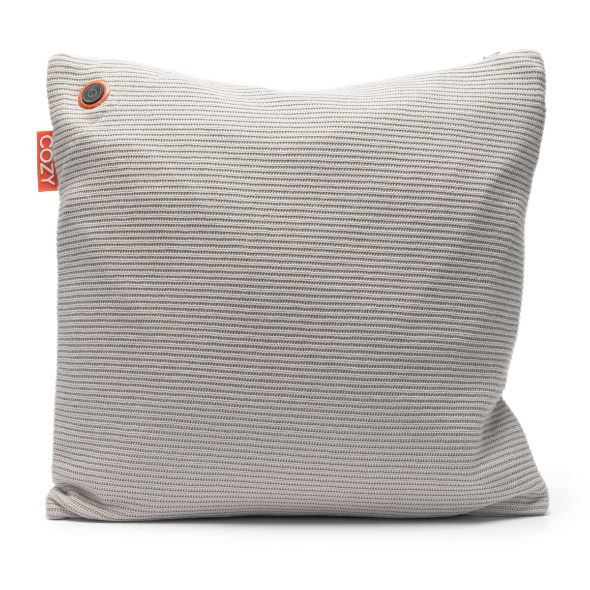 The COZY Heated Cushion Cordless - UNA Knitted (45cm x 45cm) is a square, light gray textured cushion featuring a small orange COZY tag on the left and a round button detail near the top left corner, shown on a white background.