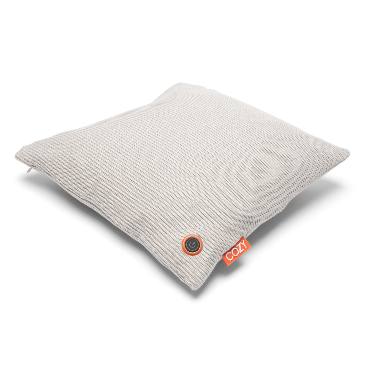 The COZY Heated Cushion Cordless - UNA Knitted (45cm x 45cm) is a light gray textured portable cushion with a round black button and an orange COZY tag on one corner, shown against a white background.