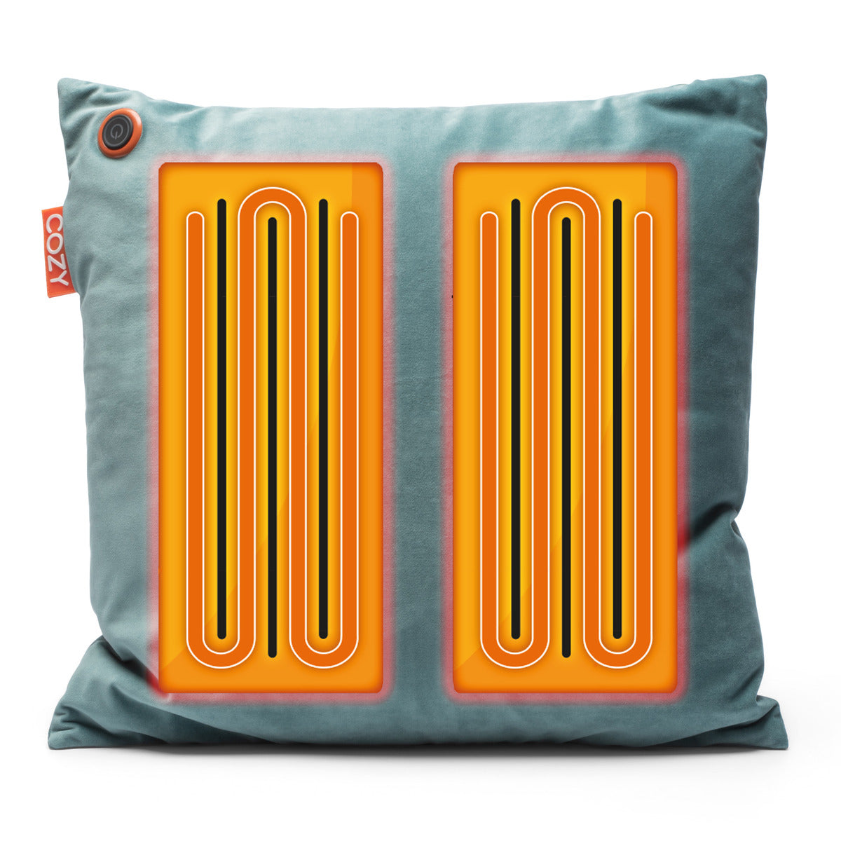 The COZY Heated Cushion Cordless - UNA Velvet (45cm x 45cm) in blue features two glowing orange heating pads with black coil patterns, a red COZY tag, and a small power button in the top left corner.