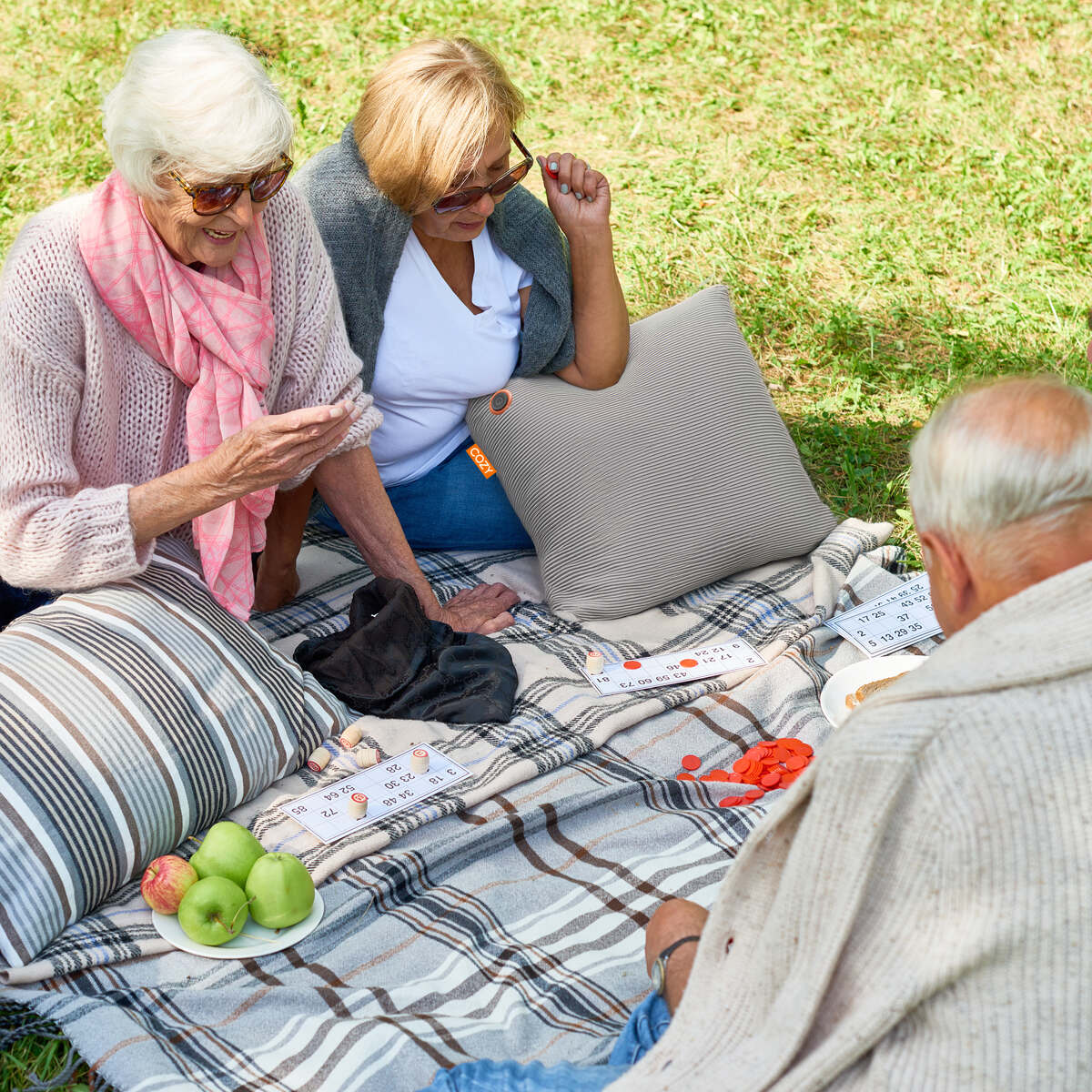 Three older adults sit on a picnic blanket outdoors, enjoying dominoes and snacks. They relax on the grass with pillows and a COZY Heated Cushion Cordless - UNA Knitted (45cm x 45cm) for extra comfort under the sun.