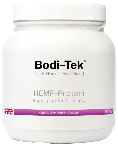 A white 500g container of HempPro Super Protein Dairy &amp; Gluten Free Shake, featuring a purple stripe, UK flag, and text indicating it is a plant-based protein shake and free from dairy and gluten.
