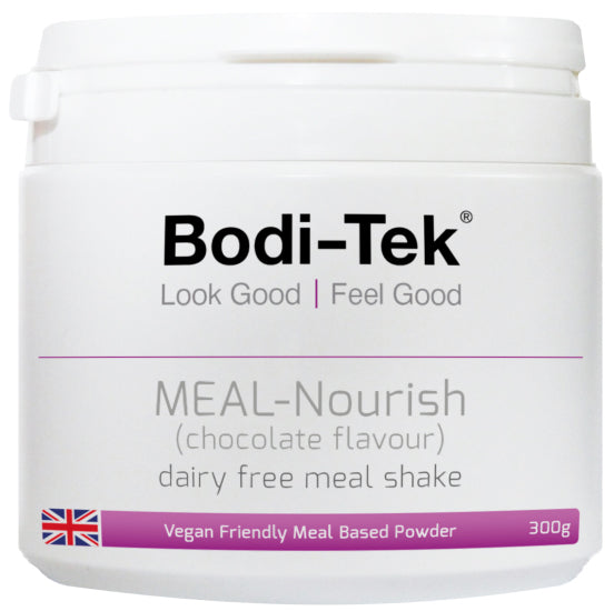 A white container labeled MEALtime Chocolate Flavour Dairy Free Meal Shake with purple accents, British flag, vegan friendly label, and a net weight of 300g.