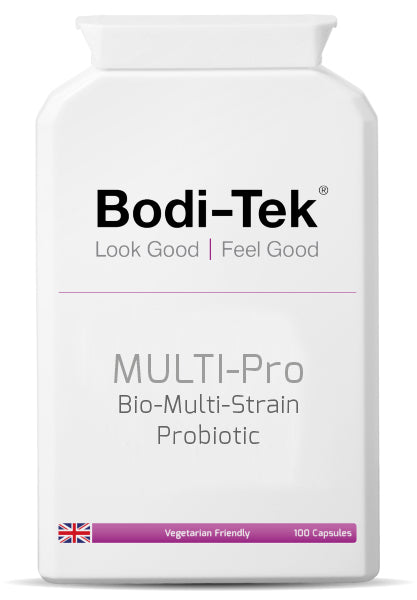 A white bottle labeled Multi-Flora ProBio Multi Strain Probiotic, supporting gut microflora, with Look Good | Feel Good beneath the name. The label states Vegetarian Friendly, 100 Capsules, and displays a small UK flag.