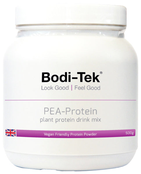 A white container of PEA Protein PLUS - Plant Protein drink mix, 500g, labeled vegan-friendly with a small UK flag on the front and a minimalist design.