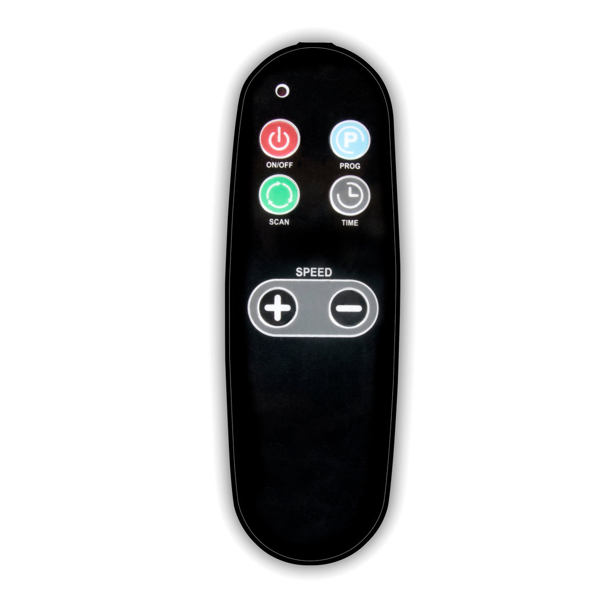 A black remote for the Whole Body Vibration Plate Training Gym features six vertically arranged buttons—ON/OFF (red), PROG (blue), SCAN (green), TIME (gray), and two white SPEED (+/–)—ideal for muscle toning sessions.