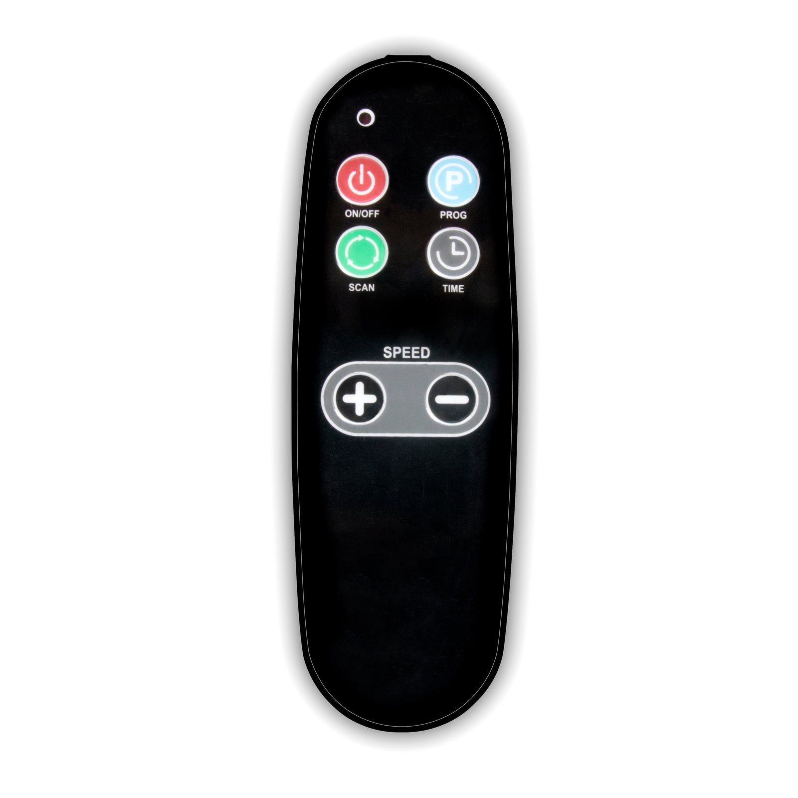 A black remote for the Whole Body Vibration Plate Training Gym features six vertically arranged buttons—ON/OFF (red), PROG (blue), SCAN (green), TIME (gray), and two white SPEED (+/–)—ideal for muscle toning sessions.