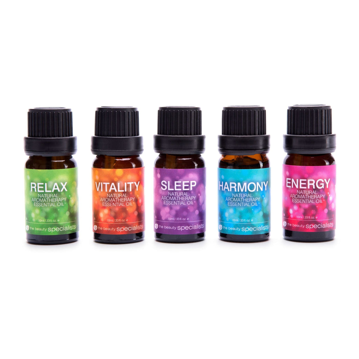 The Rio Wellbeing Collection Aromatherapy Essential Oils includes five small bottles—Relax, Vitality, Sleep, Harmony, and Energy—each with a colorful, themed label. Ideal for anyone wanting mood-boosting essential oils for relaxation.