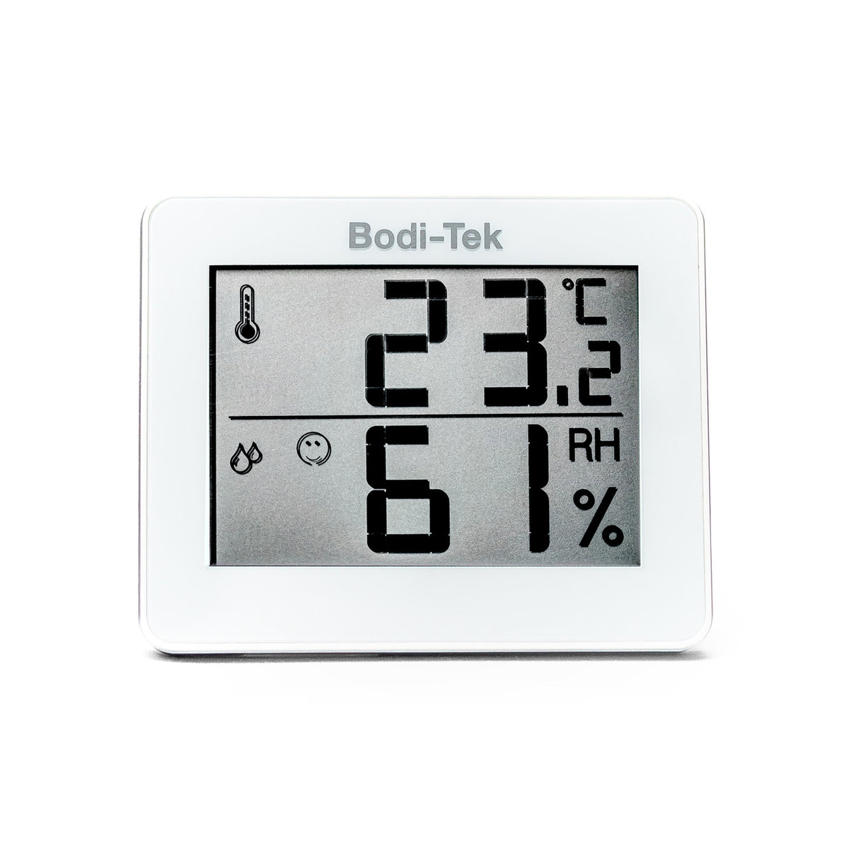 A Digital Room Thermometer and Hygrometer displaying 23.2°C and 61% humidity, with its screen also showing small temperature and humidity icons.