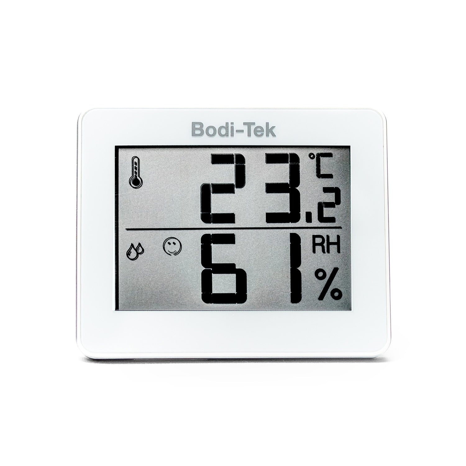 A Digital Room Thermometer and Hygrometer displaying 23.2°C and 61% humidity, with its screen also showing small temperature and humidity icons.