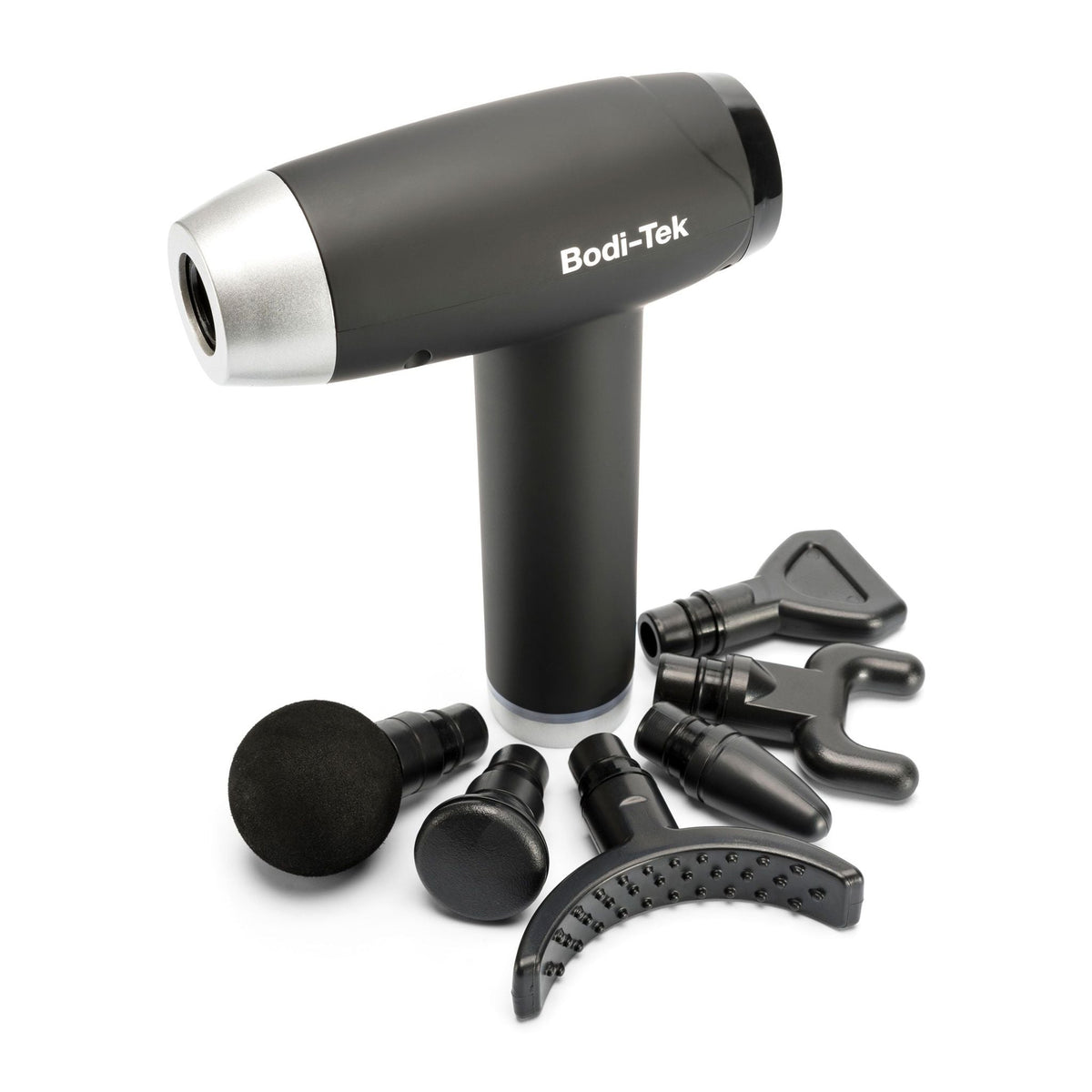 The Deep Tissue Sports Massage Gun by Bodi-Tek is a black cordless device with six interchangeable heads for muscle recovery, all shown neatly arranged on a white background.