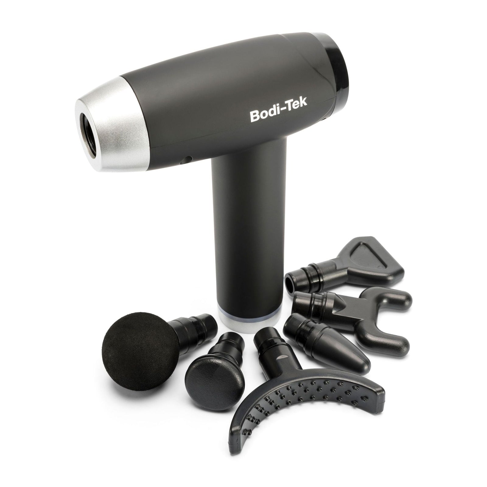 The Deep Tissue Sports Massage Gun by Bodi-Tek is a black cordless device with six interchangeable heads for muscle recovery, all shown neatly arranged on a white background.