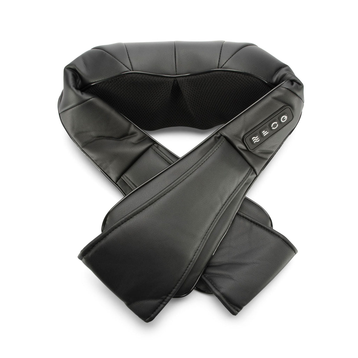 The Neck &amp; Shoulder Shiatsu Massager is a black, leather-like device with deep kneading nodes and side control buttons, designed to drape over your shoulders for hands-free relief.
