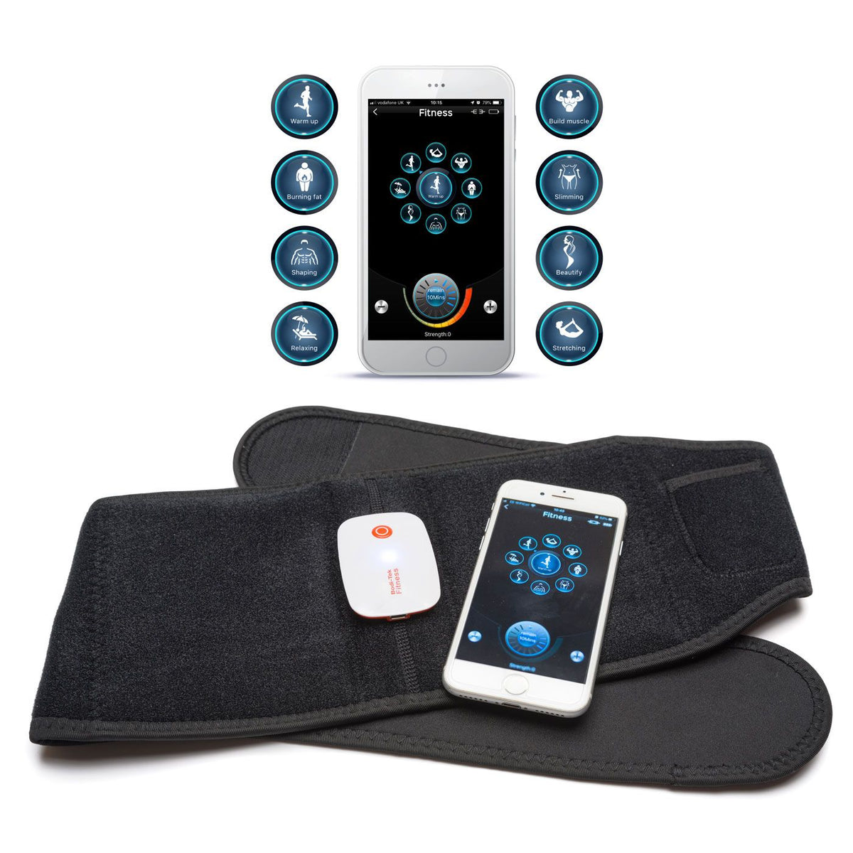 The image shows a black Smart Fitness EMS Muscle Toning Belt with a small white device attached. A smartphone with a fitness app and various workout mode icons is displayed, highlighting the belts waist-toning capabilities.