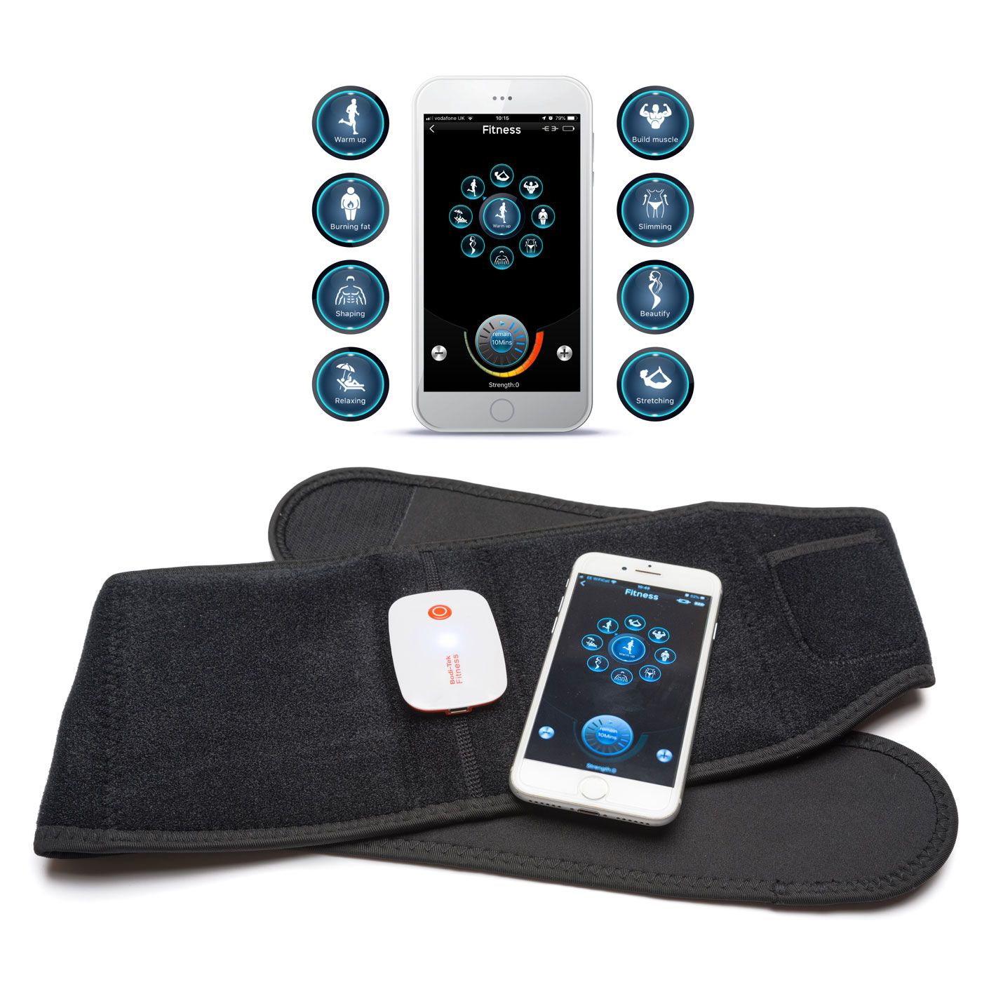 The image shows a black Smart Fitness EMS Muscle Toning Belt with a small white device attached. A smartphone with a fitness app and various workout mode icons is displayed, highlighting the belts waist-toning capabilities.