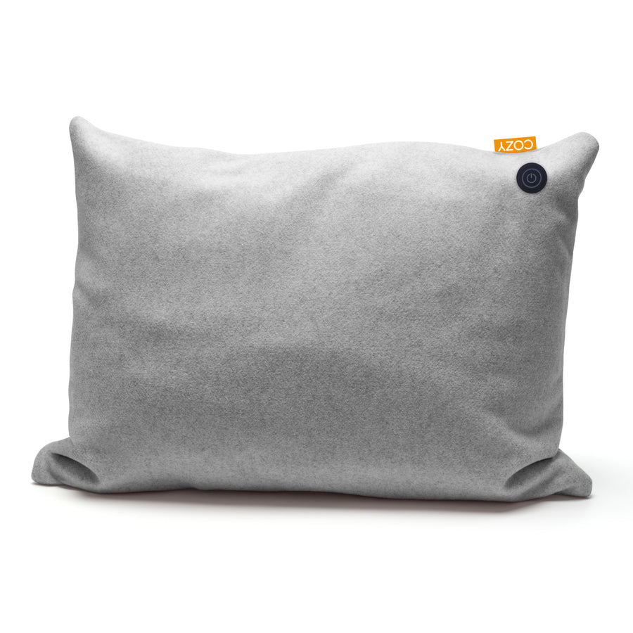 Grey rectangular heated cushion.