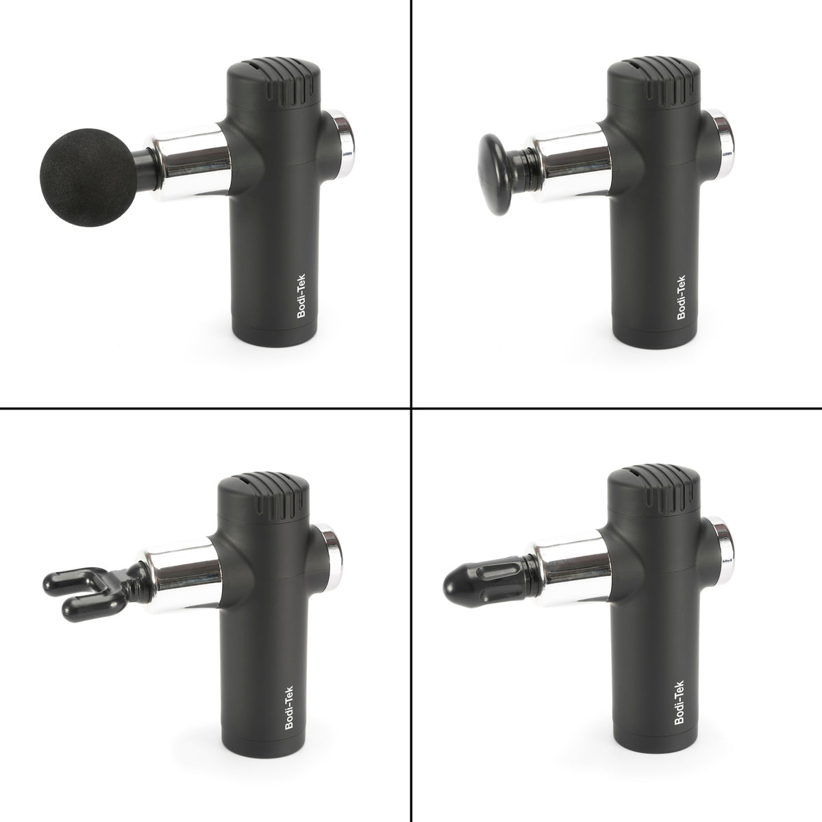 Four-panel image showing the Mini Deep Tissue Massage Gun in black with four attachments: round ball, flat disc, forked prong, and bullet tip. Each labeled “Body Back”—ideal for deep tissue relief.