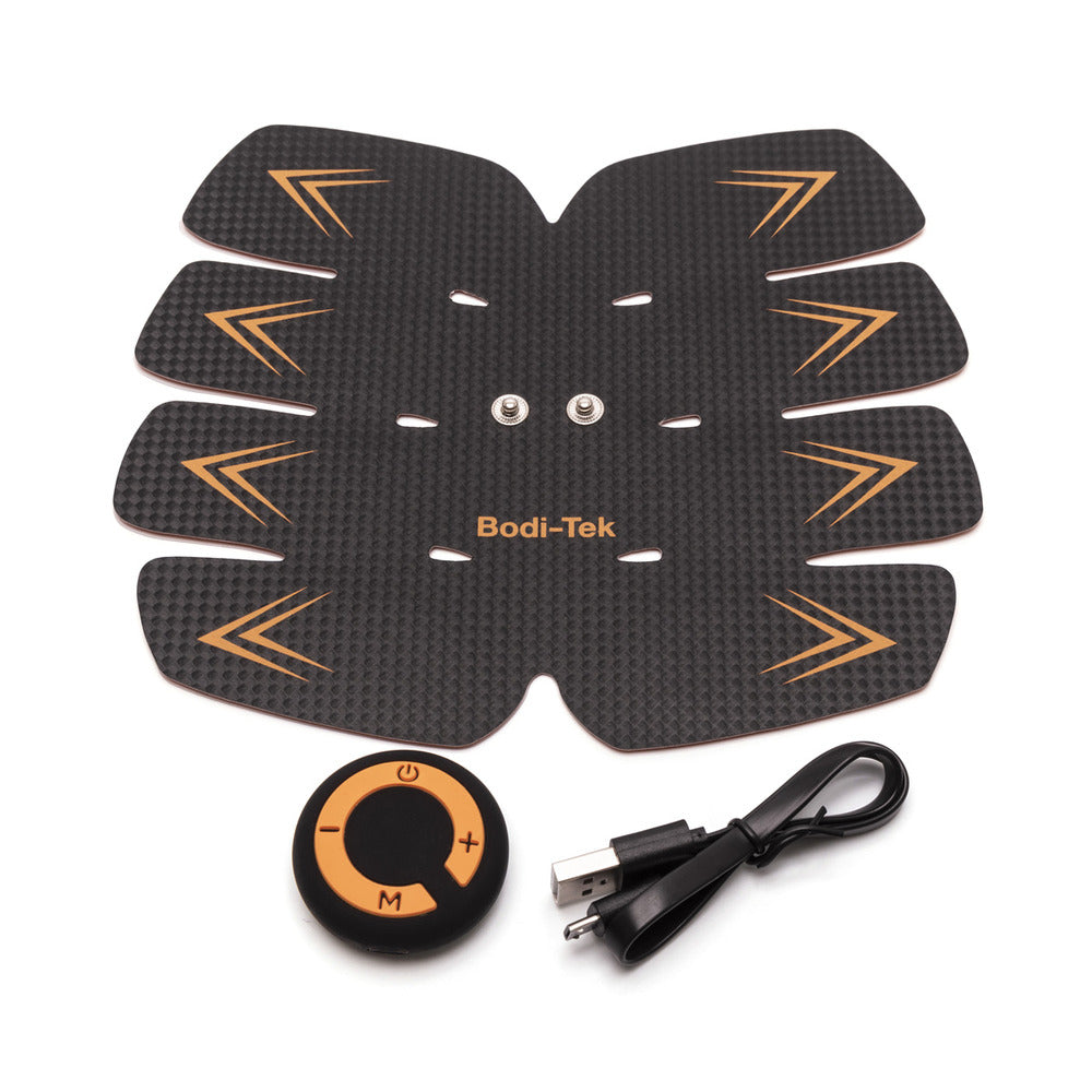 The Ab Trainer is a rectangular black and orange ab toning pad with advanced EMS technology, shown with a round remote control and USB charging cable on a white background.