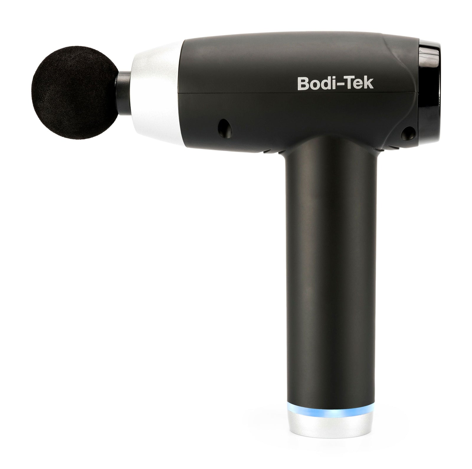The Deep Tissue Sports Massage Gun is a black and silver cordless device with a round foam head attachment, ideal for deep tissue massage and muscle recovery, featuring the Bodi-Tek brand name on the side.