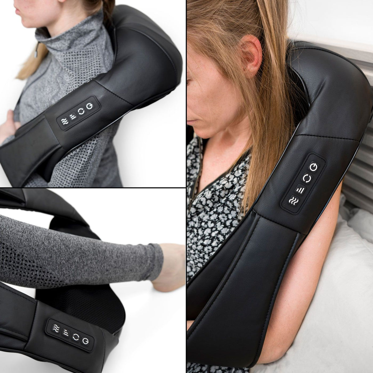 Collage of a woman using the Neck & Shoulder Shiatsu Massager, control buttons visible; close-up and mid-shots show her relaxing in various outfits, enjoying deep kneading massage and soothing infrared heat.