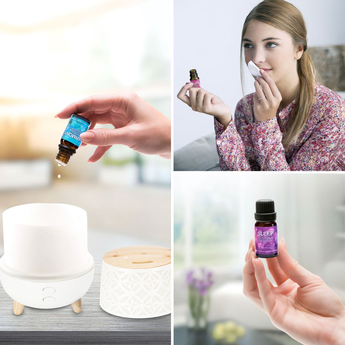 A collage features a woman smelling Rio Wellbeing Collection Aromatherapy Essential Oils, a hand holding the SLEEP blend, oil being dropped into a diffuser, and a white diffuser displayed on a table.
