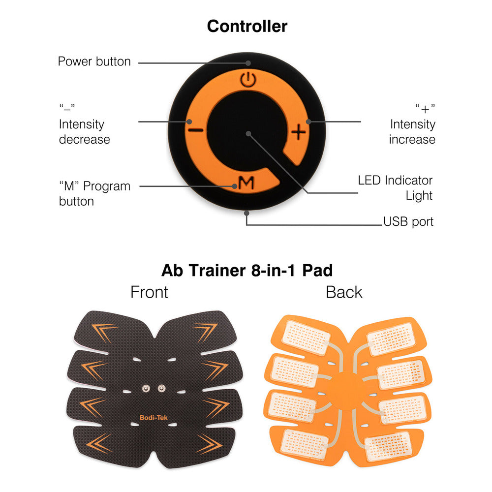 Diagram of the Ab Trainer shows a round controller with labeled buttons and USB port, plus front and back views of the 8-in-1 EMS abdominal muscle pad featuring multiple electrode areas and Bodi-Tek branding.