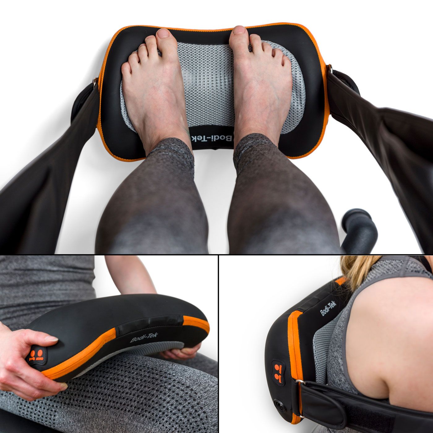 A person uses the Neck, Shoulder & Body Shiatsu Massager—shown in black and orange—on their feet in the top image and on their neck and shoulders in the bottom images, wearing gray leggings and a light top.