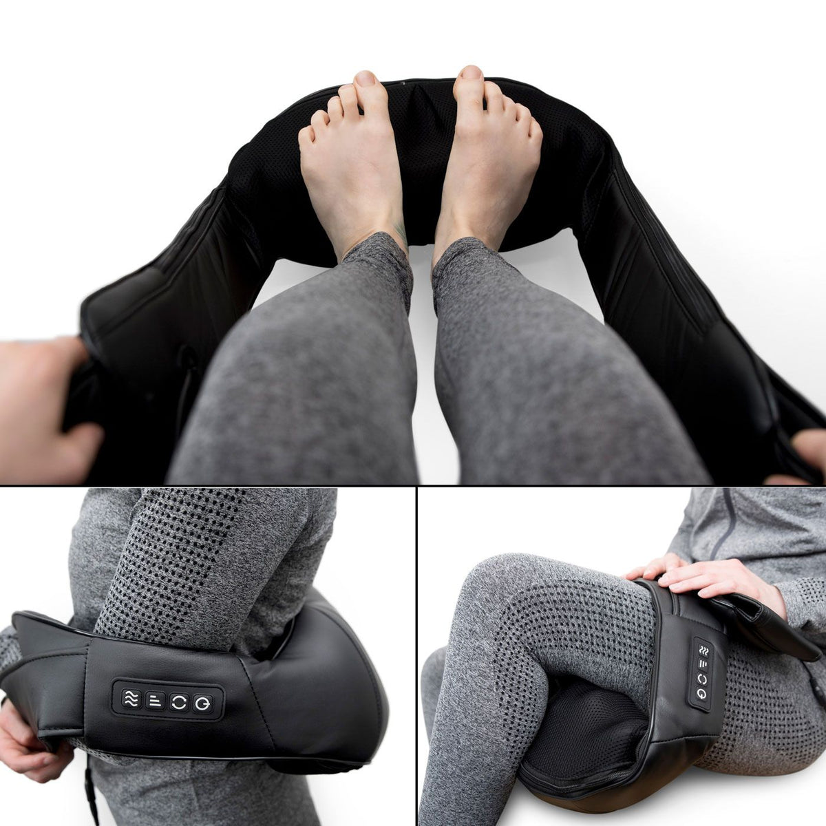 A person uses a black Neck & Shoulder Shiatsu Massager with deep kneading on their feet, thighs, and knees while wearing gray clothing. Close-ups showcase the control panel and different usage positions.