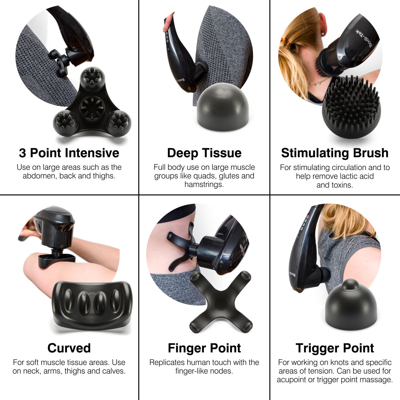 A grid displays six Deep Tissue Cordless Percussion Massager attachments—3 Point Intensive, Deep Tissue, Stimulating Brush, Curved, Finger Point, and Trigger Point—each in use to help target muscle stiffness relief.
