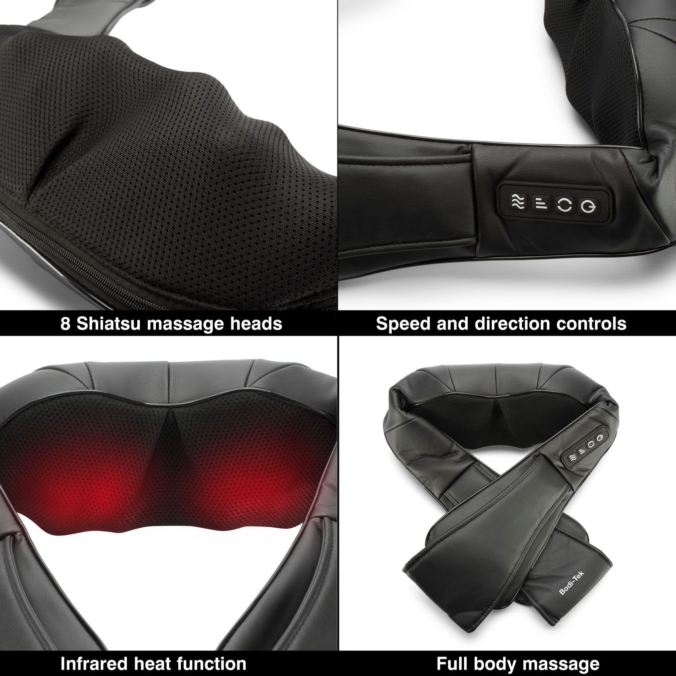 The Neck & Shoulder Shiatsu Massager, in black, features 8 deep kneading heads, infrared heat, speed and direction controls, and delivers a full body massage. Product shown in four sections to highlight its key functions.