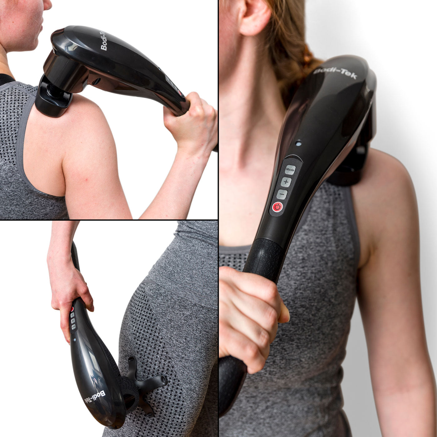 Wearing gray athletic wear, a person uses the Deep Tissue Cordless Percussion Massager—featuring a handle, control buttons, and a multi-node attachment—on their shoulder and hip to relieve muscle stiffness.