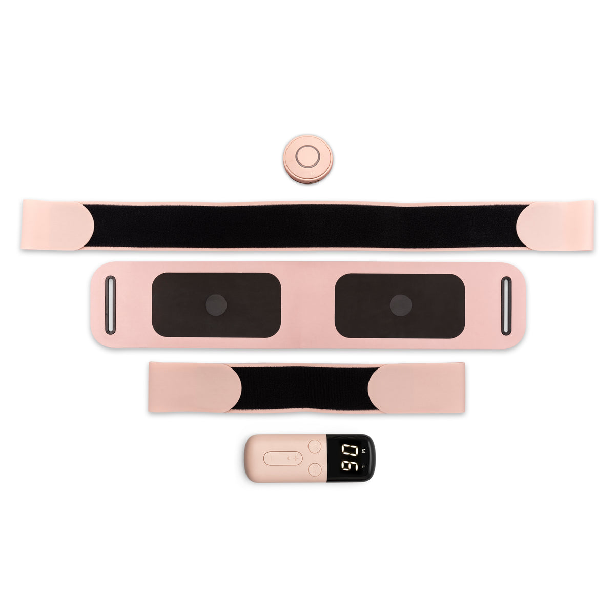 Four pink Ab, Tone & Shape muscle stimulators, including two adjustable straps with black pads, a small round attachment, and a rectangular digital controller, are neatly arranged on a white background.