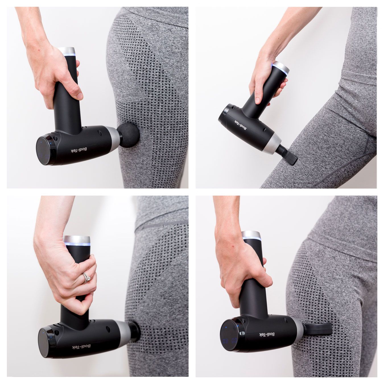 Four images show a person using the Deep Tissue Sports Massage Gun on their hip and thigh while wearing grey leggings. Each panel highlights a different attachment and hand position for enhanced muscle recovery.