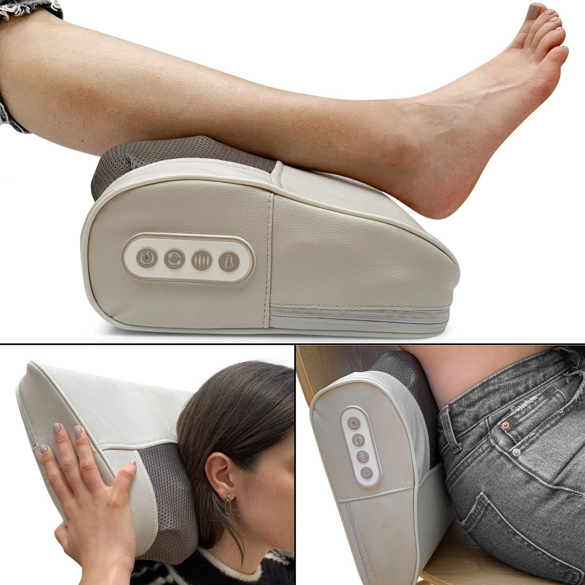 The Bodi-Tek Nordic Relief Shiatsu Massager in beige is shown used on the leg, neck, and lower back. It features side control buttons and provides deep tissue massage and support in multiple positions.