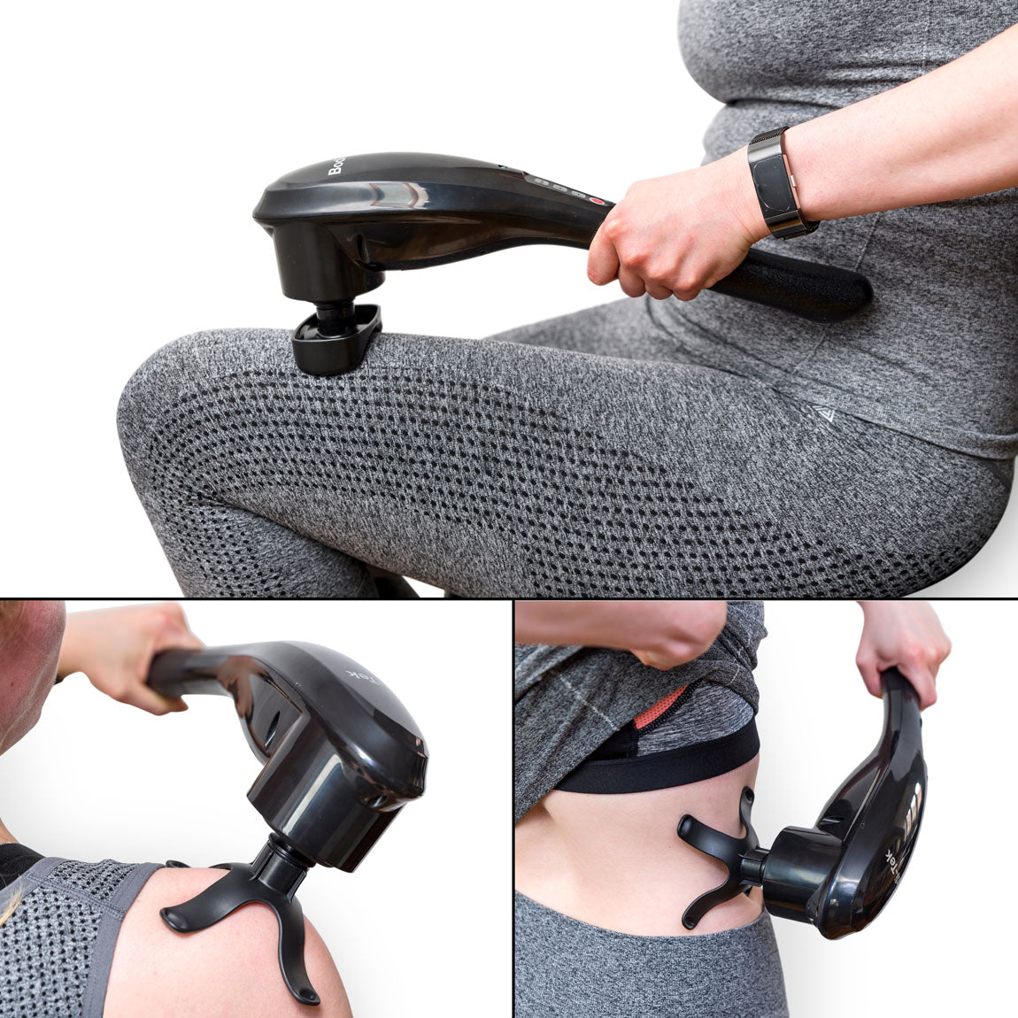 A person in gray activewear uses the Deep Tissue Cordless Percussion Massager on their thigh, upper back, and lower back, showing three ways this device effectively relieves muscle stiffness.