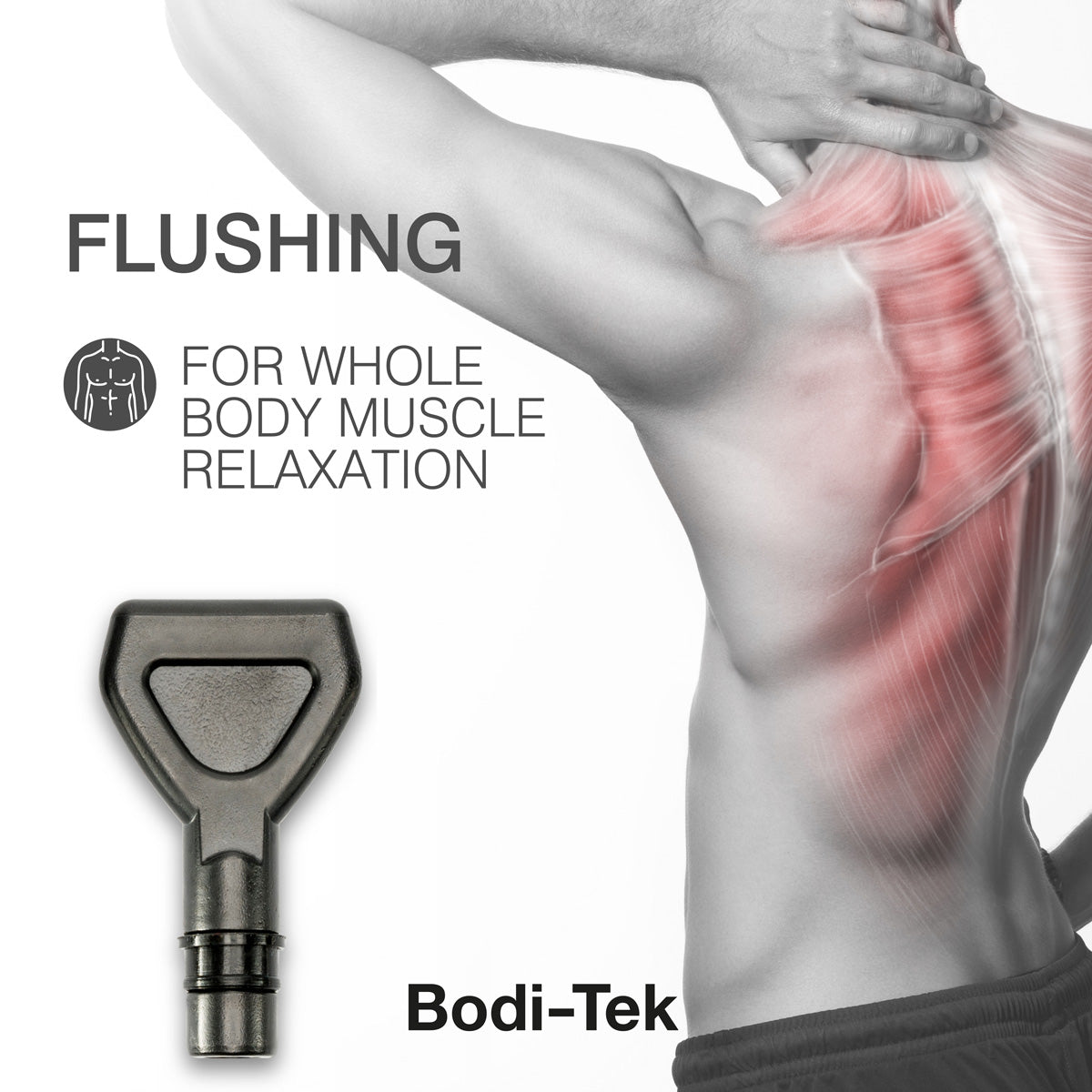 A person’s back with highlighted muscles and the Flushing attachment for Deep Tissue Sports Massager. Text reads: Whole body muscle relaxation with Bodi-Tek BT-MAMG.
